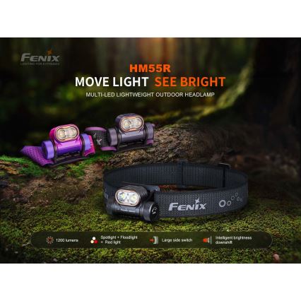 Fenix HM55RPRP - LED uzlādējamais galvas lukturis ar regulējamu spilgtumu LED/USB/1xCR123A 1600 mAh IP68 1200 lm 141,2 h violeta/melna
