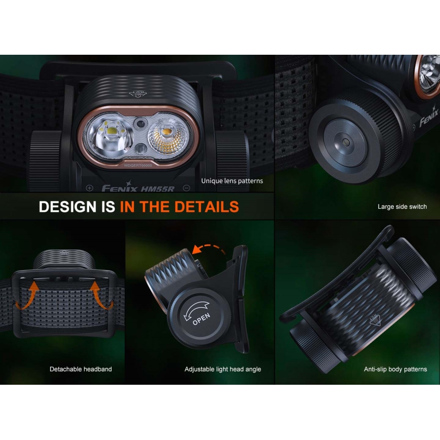 Fenix HM55RPRP - LED uzlādējamais galvas lukturis ar regulējamu spilgtumu LED/USB/1xCR123A 1600 mAh IP68 1200 lm 141,2 h violeta/melna