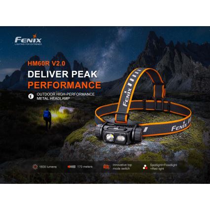 Fenix HM60RV20 - LED aptumšojama uzlādējamā galvas lampa LED/USB 4000 mAh IP68 1600 lm 292 h oranžā