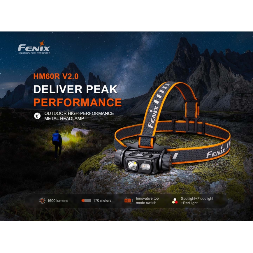 Fenix HM60RV20 - LED aptumšojama uzlādējamā galvas lampa LED/USB 4000 mAh IP68 1600 lm 292 h oranžā