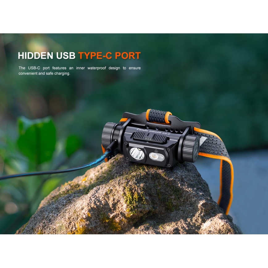 Fenix HM60RV20 - LED aptumšojama uzlādējamā galvas lampa LED/USB 4000 mAh IP68 1600 lm 292 h oranžā