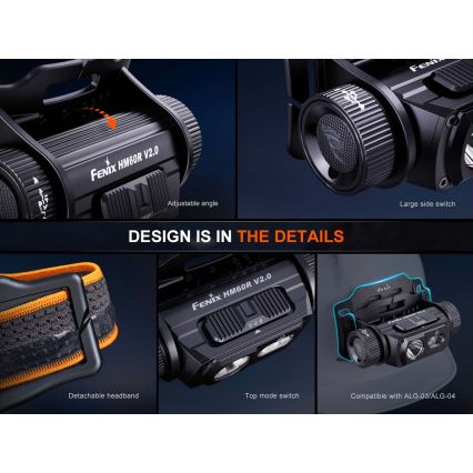 Fenix HM60RV20 - LED aptumšojama uzlādējamā galvas lampa LED/USB 4000 mAh IP68 1600 lm 292 h oranžā