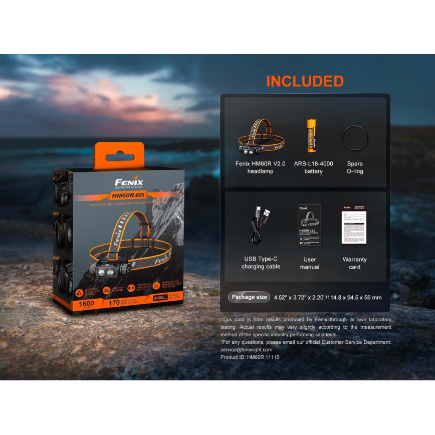 Fenix HM60RV20 - LED aptumšojama uzlādējamā galvas lampa LED/USB 4000 mAh IP68 1600 lm 292 h oranžā