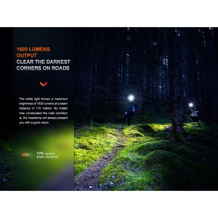 Fenix HM65RTV20BLC- LED Aptumšojama uzlādējams galvas lampa LED/USB/2xCR123A IP68 3400 mAh melna/oranža