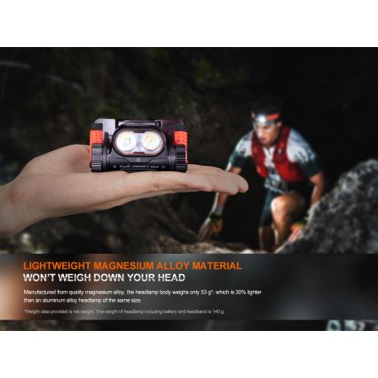 Fenix HM65RTV20BLC- LED Aptumšojama uzlādējams galvas lampa LED/USB/2xCR123A IP68 3400 mAh melna/oranža