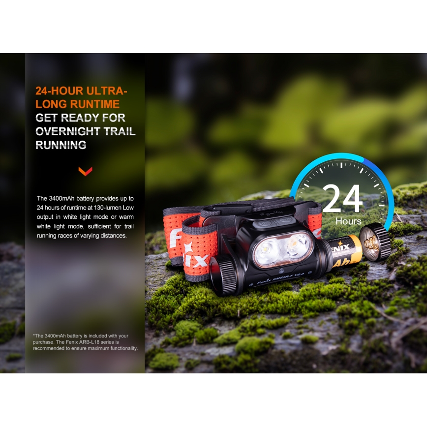 Fenix HM65RTV20BLC- LED Aptumšojama uzlādējams galvas lampa LED/USB/2xCR123A IP68 3400 mAh melna/oranža
