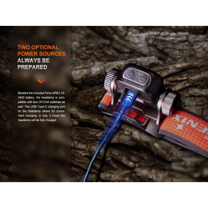 Fenix HM65RTV20BLC- LED Aptumšojama uzlādējams galvas lampa LED/USB/2xCR123A IP68 3400 mAh melna/oranža