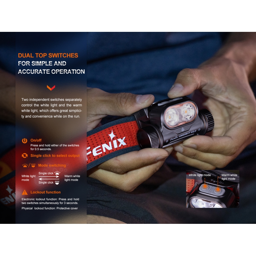 Fenix HM65RTV20BLC- LED Aptumšojama uzlādējams galvas lampa LED/USB/2xCR123A IP68 3400 mAh melna/oranža