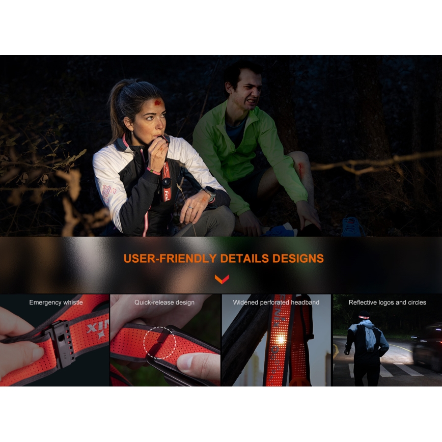 Fenix HM65RTV20BLC- LED Aptumšojama uzlādējams galvas lampa LED/USB/2xCR123A IP68 3400 mAh melna/oranža
