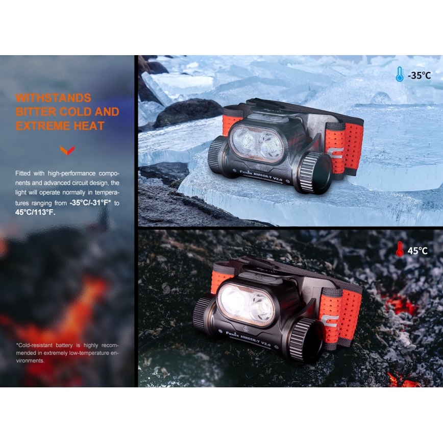 Fenix HM65RTV20BLC- LED Aptumšojama uzlādējams galvas lampa LED/USB/2xCR123A IP68 3400 mAh melna/oranža
