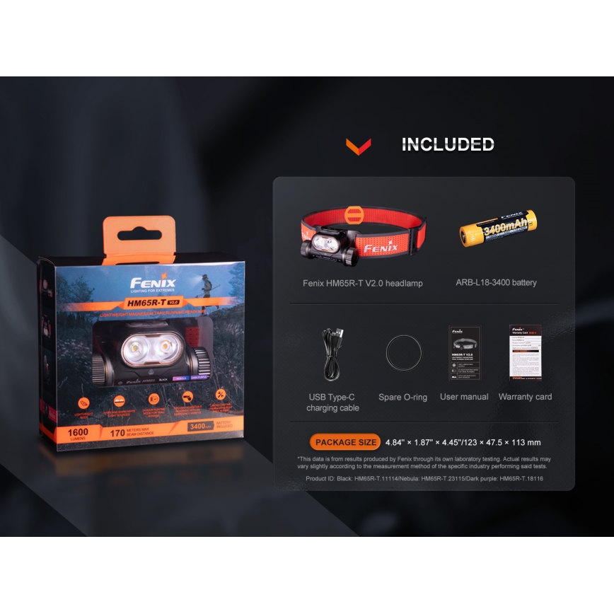 Fenix HM65RTV20BLC- LED Aptumšojama uzlādējams galvas lampa LED/USB/2xCR123A IP68 3400 mAh melna/oranža