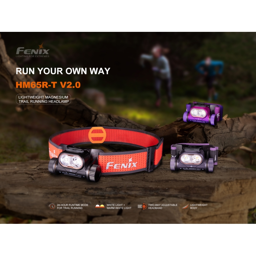 Fenix HM65RTV20PRP - LED Aptumšojama uzlādējama galvas lampa LED/USB/2xCR123A IP68 1600 lm 300h 3400 mAh melna/violeta
