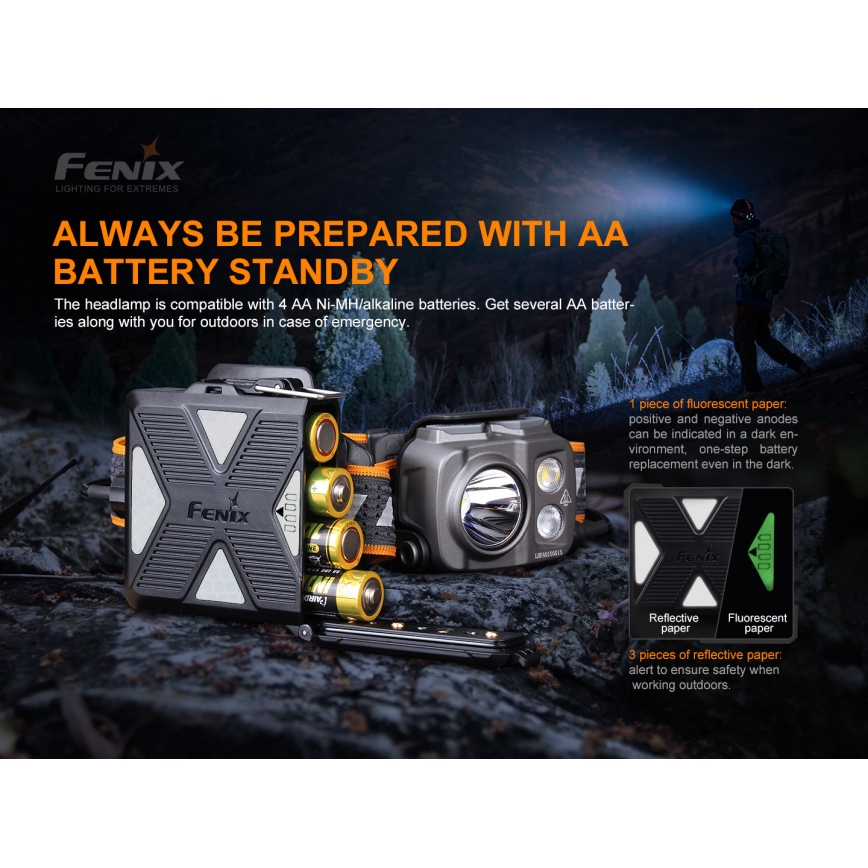 Fenix HP16R1250 - LED Uzlādējama galvas lampa 3xLED/USB 4xAA IP66 1250 lm 600 h 3000 mAh