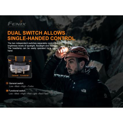 Fenix HP16R1250 - LED Uzlādējama galvas lampa 3xLED/USB 4xAA IP66 1250 lm 600 h 3000 mAh