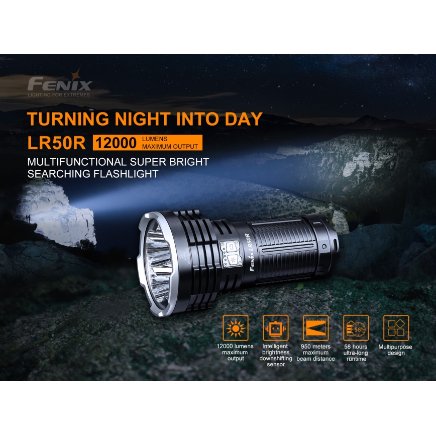 Fenix LR50R - LED Uzlādējams lukturis 4xLED/USB IP68 12000 lm 58 hrs