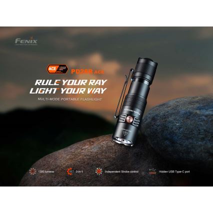 Fenix PD26RACE - regulējams uzlādējams LED lukturis, USB uzlāde, 1600 mAh, IP68, 1300 lm, 556 h, melns