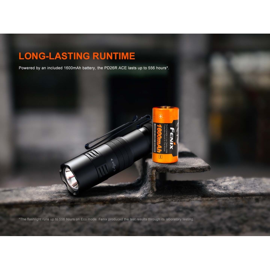 Fenix PD26RACE - regulējams uzlādējams LED lukturis, USB uzlāde, 1600 mAh, IP68, 1300 lm, 556 h, melns