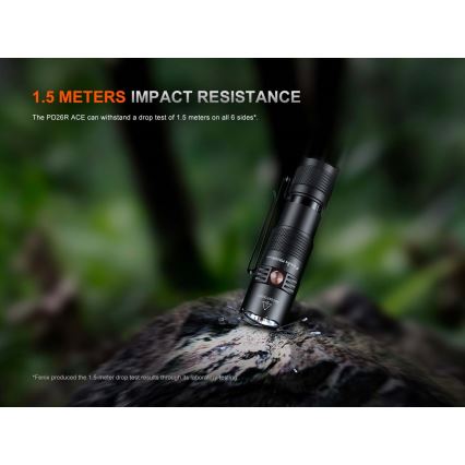 Fenix PD26RACE - regulējams uzlādējams LED lukturis, USB uzlāde, 1600 mAh, IP68, 1300 lm, 556 h, melns