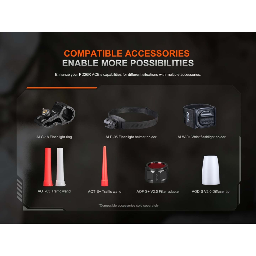 Fenix PD26RACE - regulējams uzlādējams LED lukturis, USB uzlāde, 1600 mAh, IP68, 1300 lm, 556 h, melns