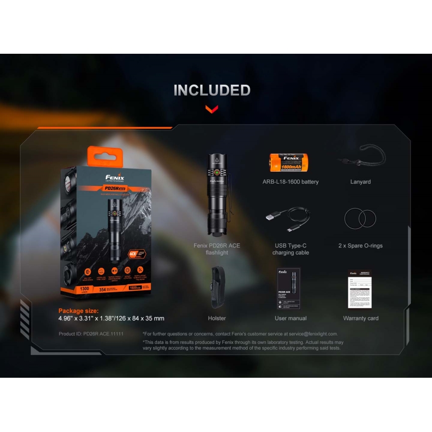 Fenix PD26RACE - regulējams uzlādējams LED lukturis, USB uzlāde, 1600 mAh, IP68, 1300 lm, 556 h, melns