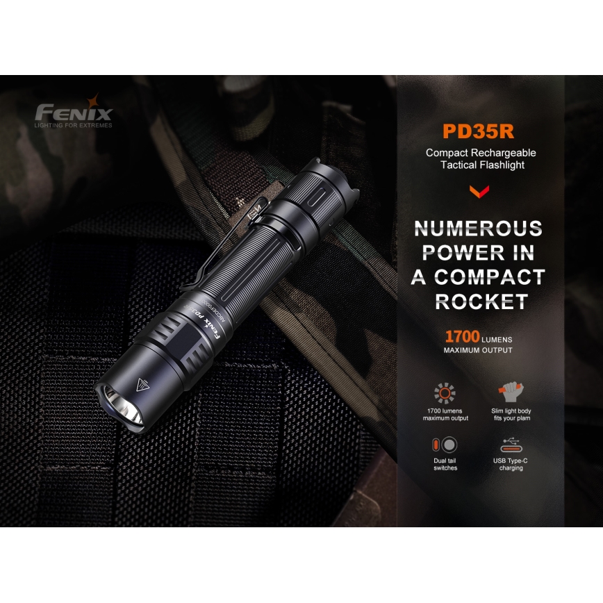 Fenix PD35R - LED Uzlādējams lukturis LED/USB/2xCR123A IP68 1700 lm 100 h 3400 mAh