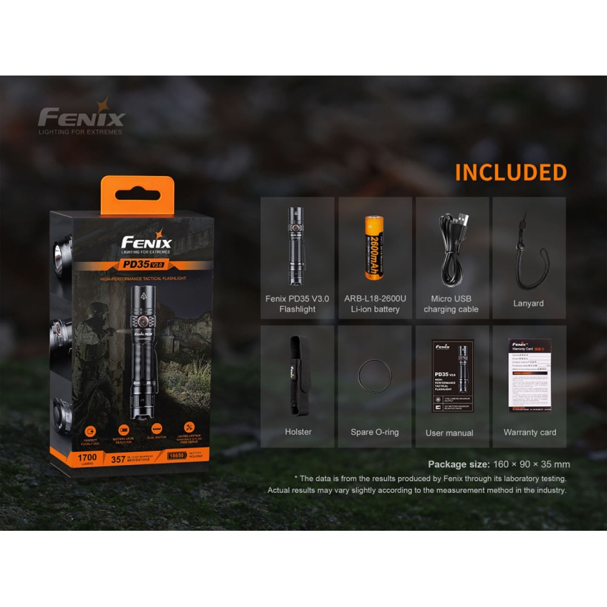 Fenix PD35V30 - LED Uzlādējams lukturis LED/USB/2xCR123A IP68 1700 spīdīgs 230 h 2600 mAh