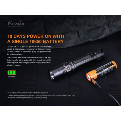 Fenix PD35V30 - LED Uzlādējams lukturis LED/USB/2xCR123A IP68 1700 spīdīgs 230 h 2600 mAh