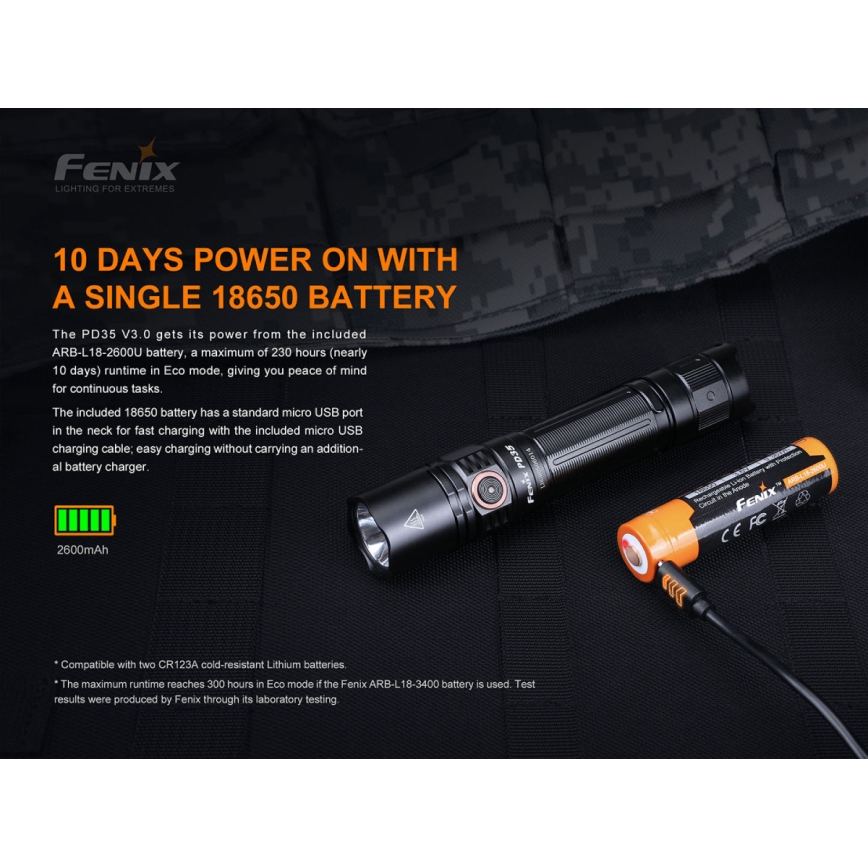 Fenix PD35V30 - LED Uzlādējams lukturis LED/USB/2xCR123A IP68 1700 spīdīgs 230 h 2600 mAh