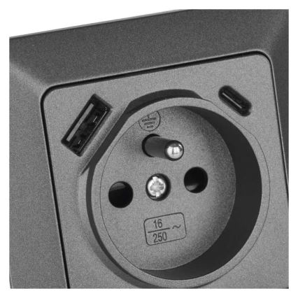 Franču mājas kontaktligzda ar USB-A+USB-C 250V/16A, antracīts