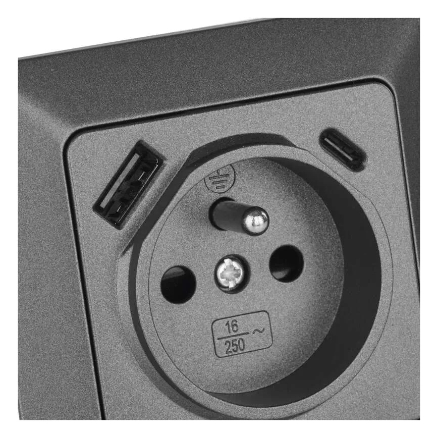 Franču mājas kontaktligzda ar USB-A+USB-C 250V/16A, antracīts