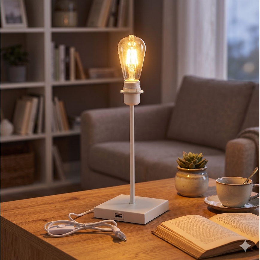 Galda lampa ar USB portu 1xE27/15W/230V balta