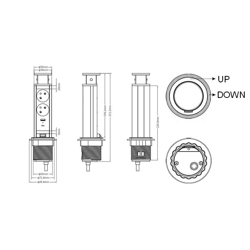 Galdam uzstādāma kontaktligzdu kolonna 2x230V + USB-A + USB-C