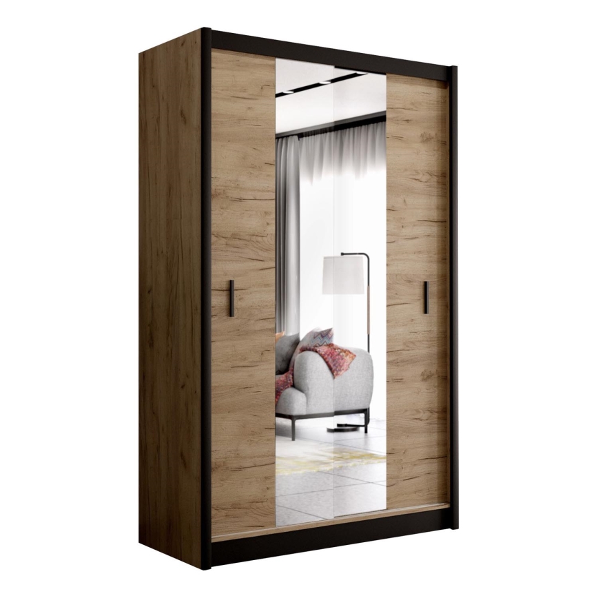 Garderobes skapis ar spoguli MIRO 150x215 cm ozols craft/melna