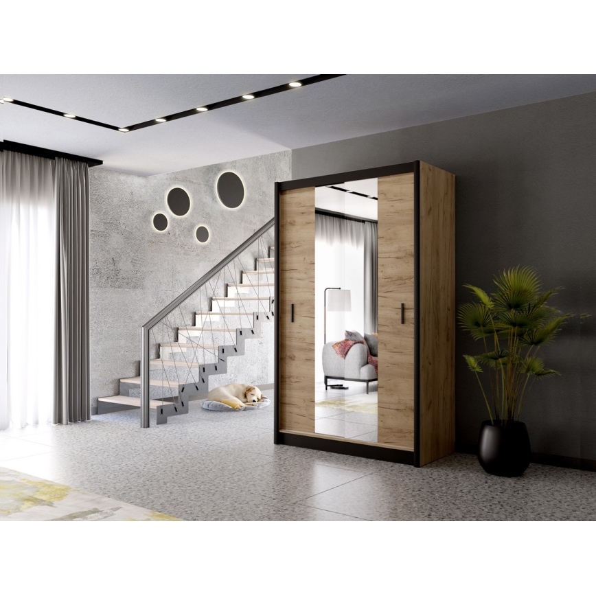 Garderobes skapis ar spoguli MIRO 150x215 cm ozols craft/melna