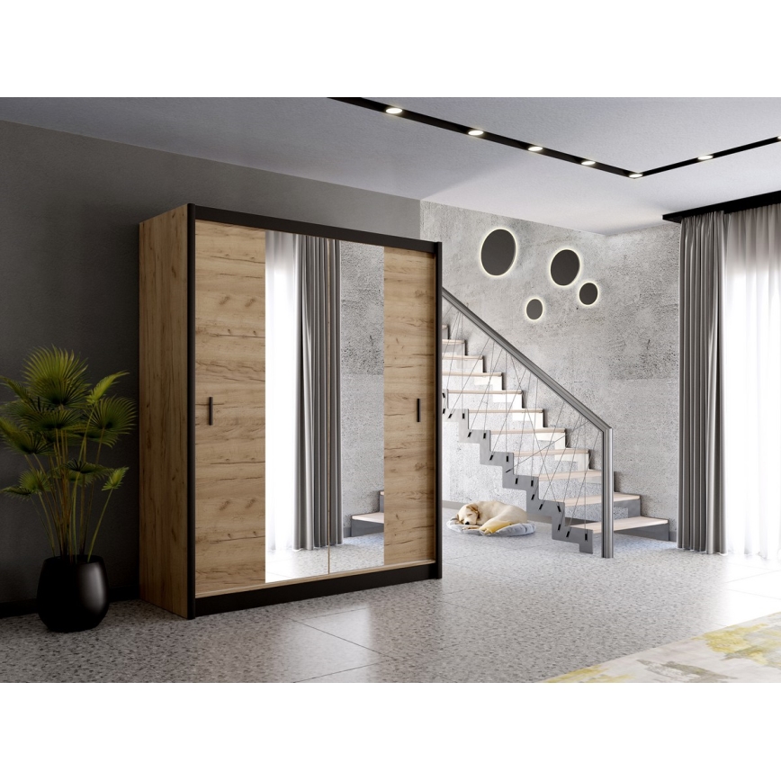 Garderobes skapis ar spoguli MIRO 203x215 cm ozols craft/melna
