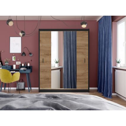Garderobes skapis ar spoguli MIRO 203x215 cm ozols craft/melna