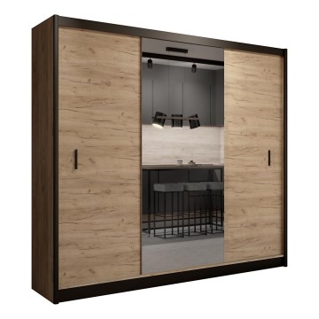 Garderobes skapis ar spoguli MIRO 250x215 cm ozols craft/melna