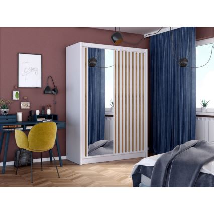 Garderobes skapis ar spoguli SANTINO 150x215 cm balta/ozols craft