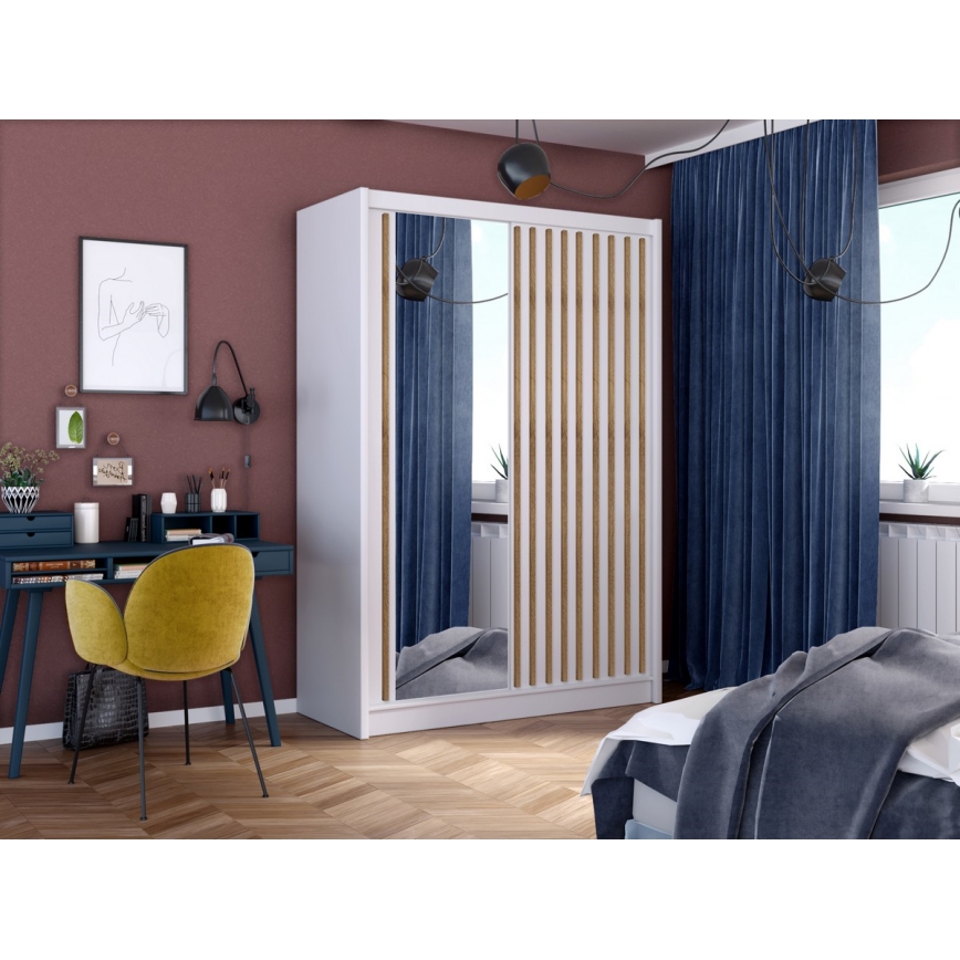 Garderobes skapis ar spoguli SANTINO 150x215 cm balta/ozols craft