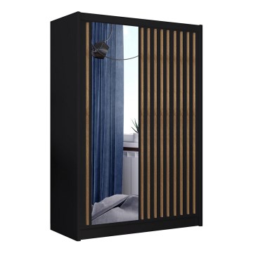 Garderobes skapis ar spoguli SANTINO 150x215 cm melna/ozols craft