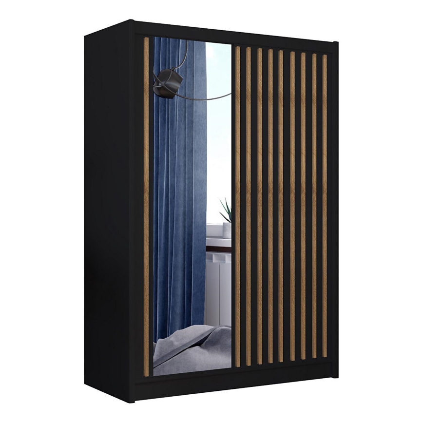 Garderobes skapis ar spoguli SANTINO 150x215 cm melna/ozols craft