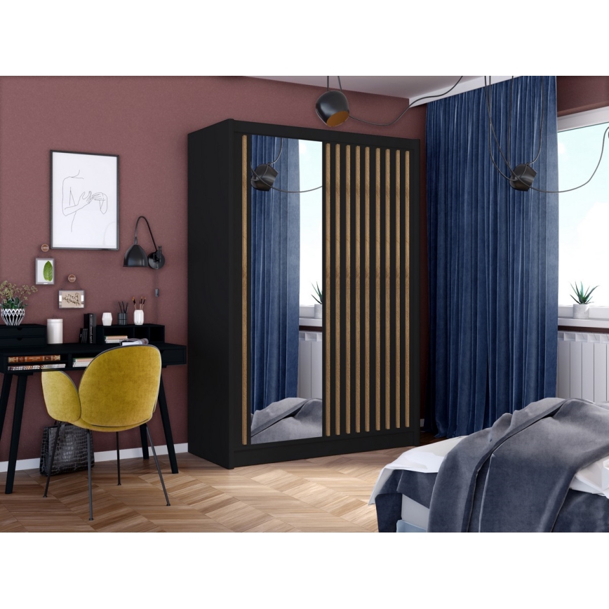 Garderobes skapis ar spoguli SANTINO 150x215 cm melna/ozols craft