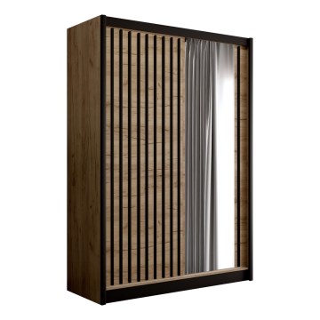 Garderobes skapis ar spoguli SANTINO 150x215 cm ozols craft/melna