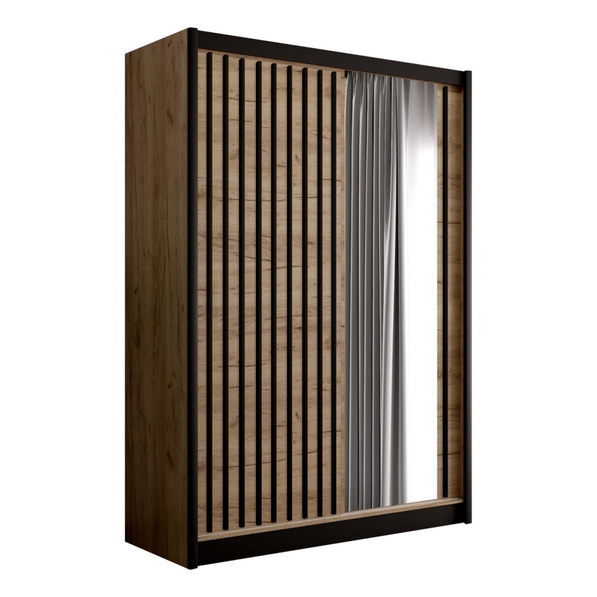 Garderobes skapis ar spoguli SANTINO 150x215 cm ozols craft/melna