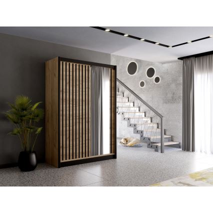 Garderobes skapis ar spoguli SANTINO 150x215 cm ozols craft/melna