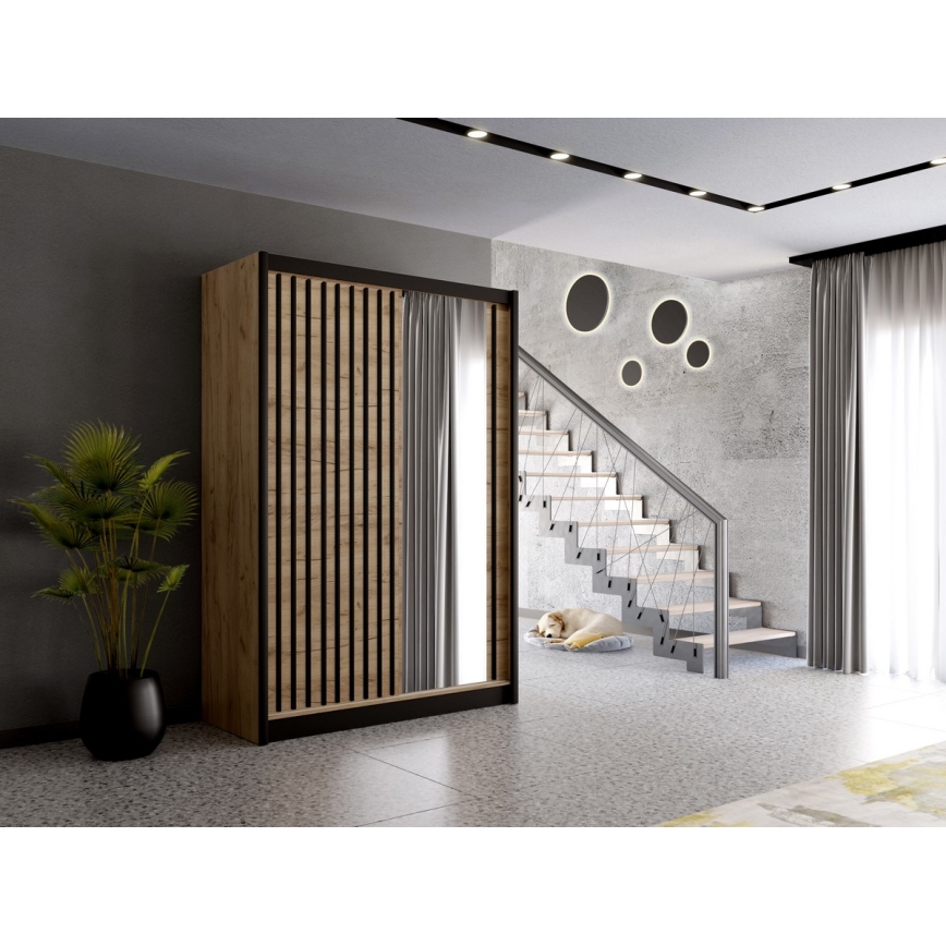 Garderobes skapis ar spoguli SANTINO 150x215 cm ozols craft/melna