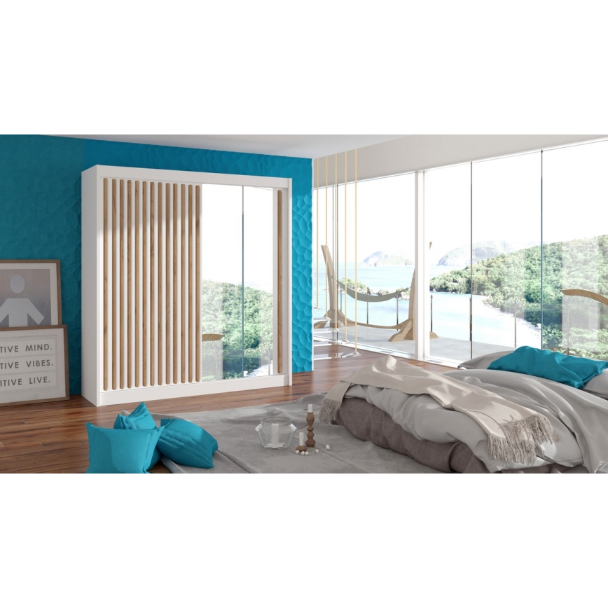 Garderobes skapis ar spoguli SANTINO 203x215 cm balta/ozols craft
