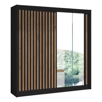 Garderobes skapis ar spoguli SANTINO 203x215 cm melna/ozols craft