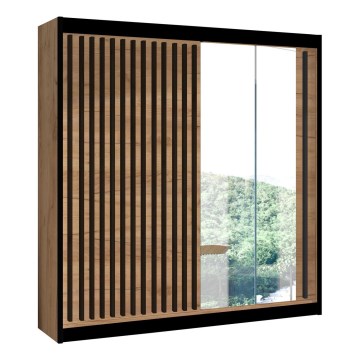 Garderobes skapis ar spoguli SANTINO 203x215 cm ozols craft/melna