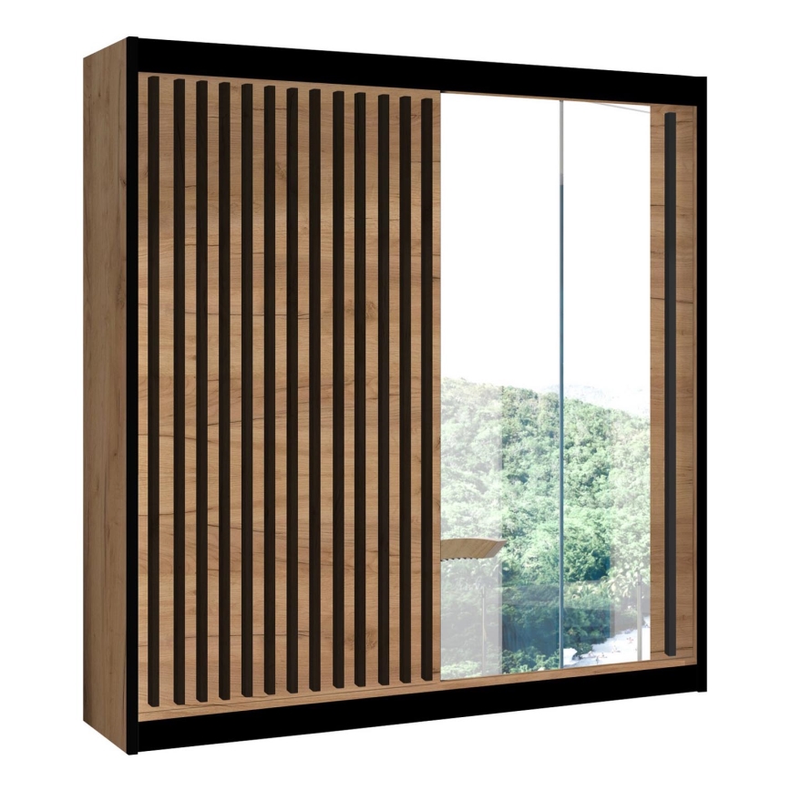 Garderobes skapis ar spoguli SANTINO 203x215 cm ozols craft/melna
